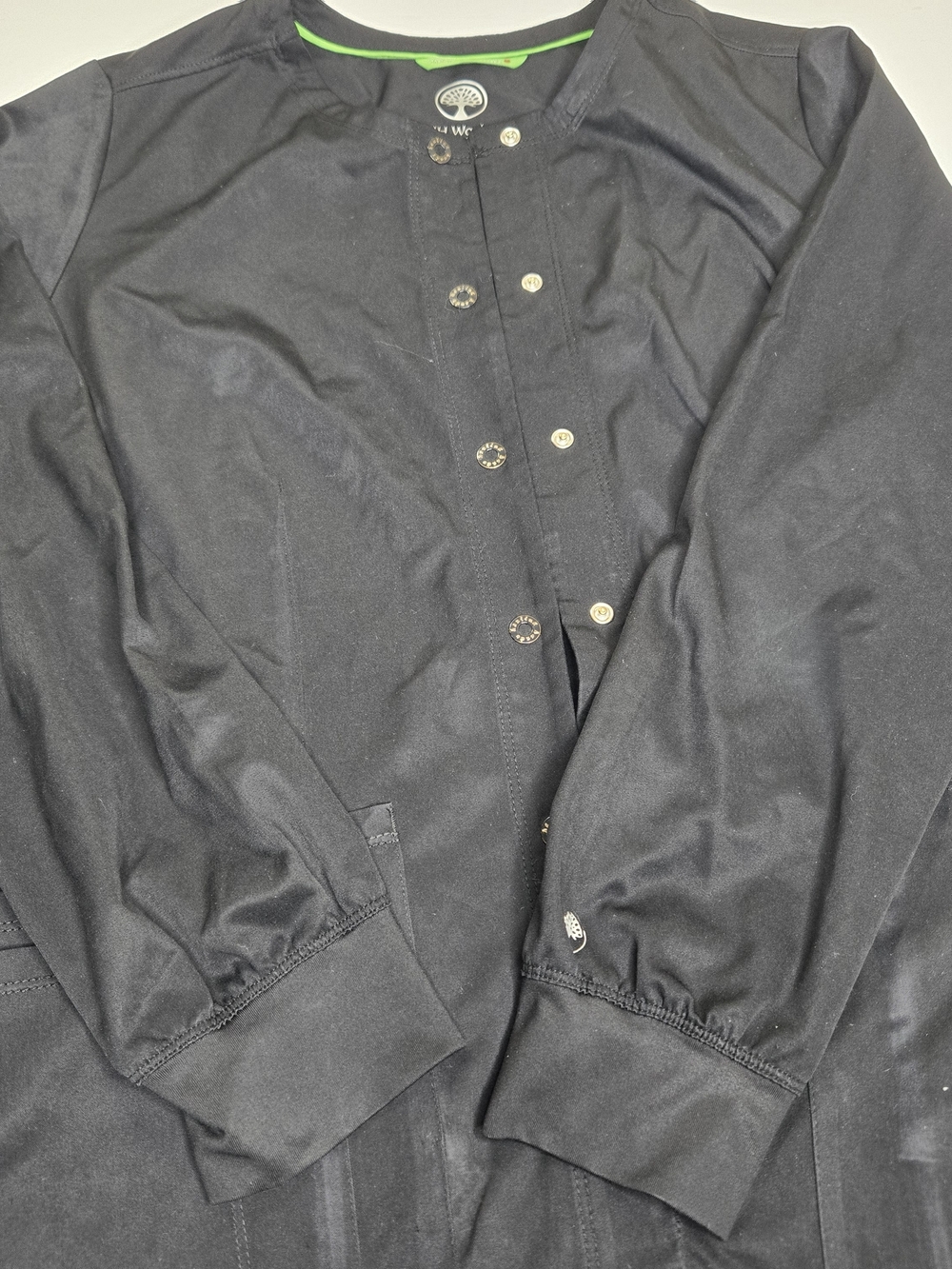 Healing Hands Black Snap-Front Lightweight Work Jacket with Green Trim